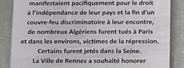 Rennes : La plaque  commémorative rappelant  la répression du 17 octobre 1961
