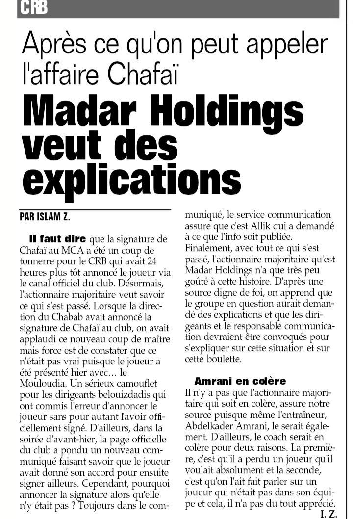Madar et le CRB pleurent Chafai 