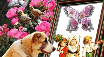 CHIEN ENFANTS OISEAUX FLEURS