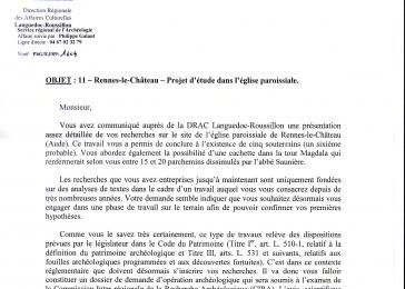 Réponse de la DRAC du Languedoc-Roussillon suite à l'envoi de son rapport, le 4 juin 2009. N/réf : PhG/EJ/09-1604.(Henri Marchesi, Conservateur Régional de l'Archéologie) (Page 1)