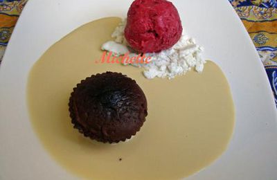 Crémeux au chocolat, anglaise à la vanille, sorbet minute banane framboise