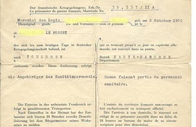 Feuille de retour de PRISONNIER de GUERRE en ALLEMAGNE