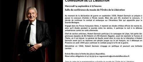 * 14 Septembre prochain, Paris :  rencontre exceptionnelle avec Hubert GERMAIN, Compagnon de la 13 DBLE