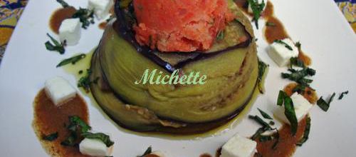 Sorbet à la tomate, couronne à l'aubergine, vinaigrette à la tapenade