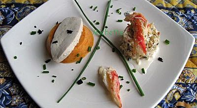 Purée de potiron au jus de truffe, rillette de crabe et mousse à la truffe