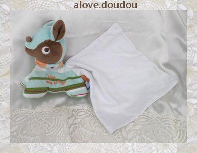 Doudou Peluche Biche Faon Chien Cajou Sucre d'orge Bleu Marron Mouchoir Blanc