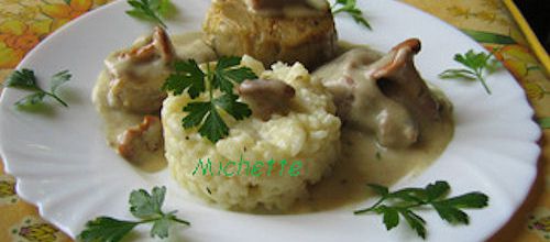 Blanquette de veau, girolles, rizotto et charlotte d'endive.