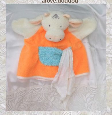 Doudou Plat Marionnette Vache Girafe Nounours Orange Mouchoir Blanc