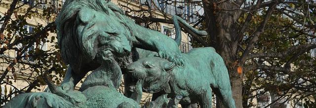 Jardin des Tuileries : Lion et lionne se disputant un sanglier de A. N. CAIN
