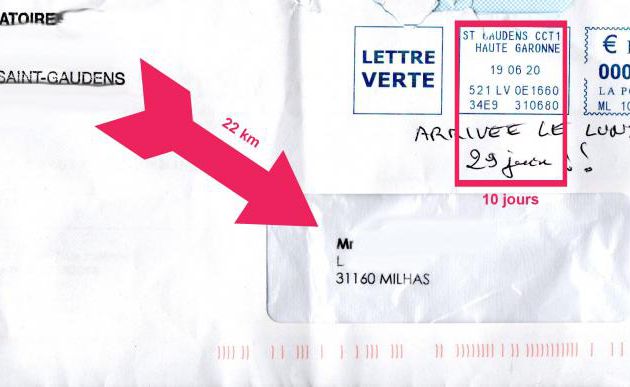 La rapidité de La Lettre Verte de La Poste : 10 jours pour faire 22 km ! Juste la Garonne à traverser ... avec un pont