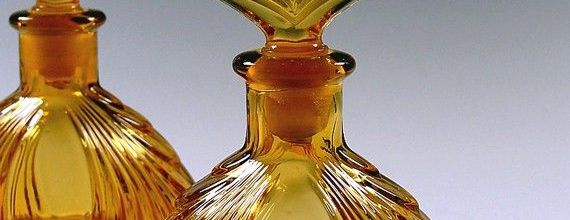 Vintage 1920s Pair Art Deco Perfume Bottles New Martinsville Amber Glass… 