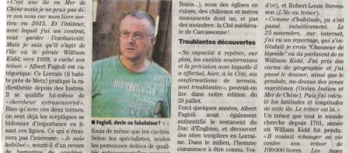 Voici le premier article parlant de la découverte de l'ile au trésor du capitaine William Kidd. (Bruno Coince du Midi-Libre/l'Indépendant du dimanche 07 décembre 2014)