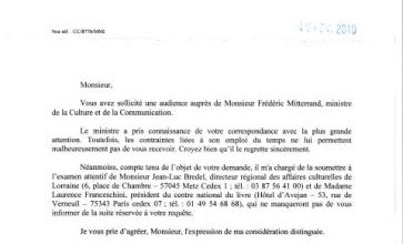 Réponse du Ministre de la Culture et de la Communication, Mr Frédéric Mitterrand, par son Chef de Cabinet, Mr Lucien Giudicelli. (15 février 2010)