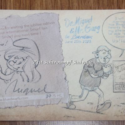 Dédicace Miguel Diaz : carte postale Bourse Bluedwarfs - une Schtroumpfette