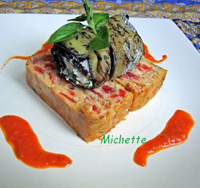 Pain de tomates du jardin, roulé d'aubergine ricotta et anchois