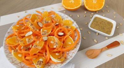 Linguines de carottes à l'orange & sauce miel moutarde