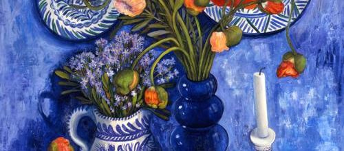 Nature morte bleue, pavots et coquillages