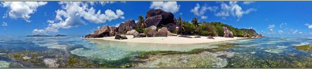 Panorama 360° 3D interactif et musical de Anse Source d'Argent à marée basse - La Digue - Seychelles