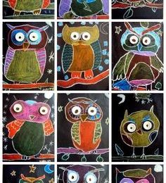 Idée arts (pinterest) : des chouettes dans la nuit.