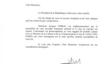 Réponse de  la Présidence de la République, (Jacques Chirac), par son Chef adjoint de Cabinet, Mr Gérard marchand. (09 mars 2004)