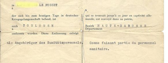 Feuille de retour de PRISONNIER de GUERRE en ALLEMAGNE