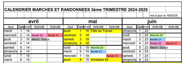 PLANNING MARCHES ET RANDONNEES 3EME TRIMESTRE 2024-2025