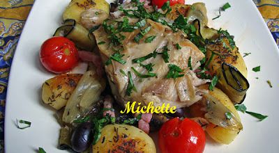 Lapin confit aux 2 huiles, aubergine, tomate, champignon, p de terre