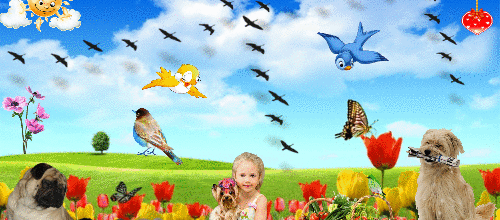 FILLETTE OISEAUX CHIENS NATURE