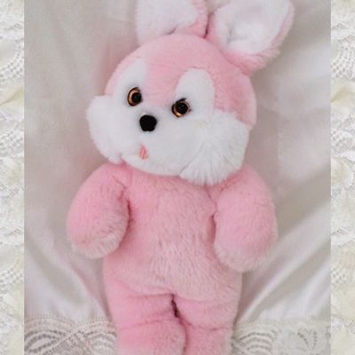 Doudou Peluche Lapin Nounours Rose et Blanc Yeux et Truffe Marron