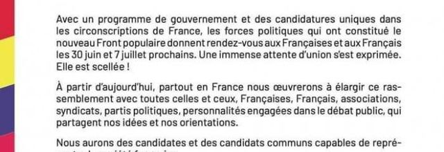 Déclaration commune du NOUVEAU FRONT POPULAIRE