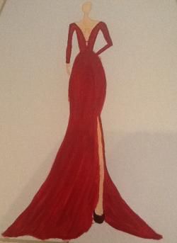 N°64 : dessin d'une longue de robe rouge échancrée (drawing of a long red dress)