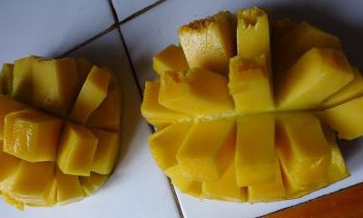 Une mangue transformée en couple d'hérissons...
