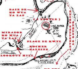 Le zoom de la partie centrale de la carte du capitaine Kidd, " The Deadman's Island, JW et WK,1699 ". (Albert Fagioli)