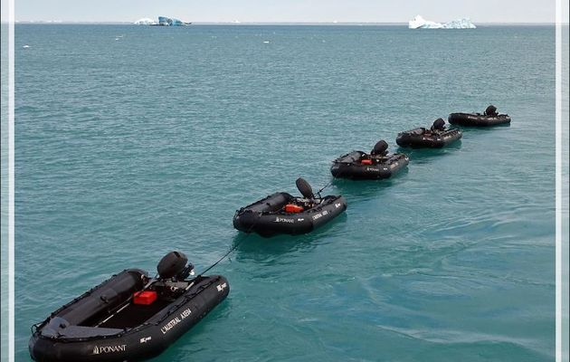 A la queue leu leu : les Zodiacs nous attendent pour nous amener à terre - Devon Island - Nunavut - Canada