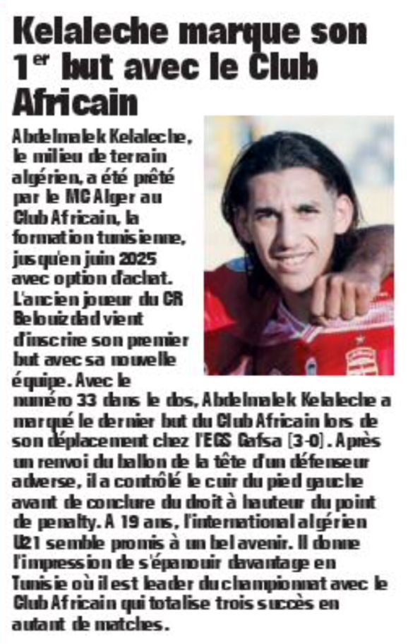 Kelaleche prêté au Club Africain de Tunisie 