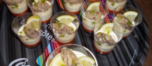 Panacotta ail et fines herbes, sardines Perle des Dieux, au coulis de poivron