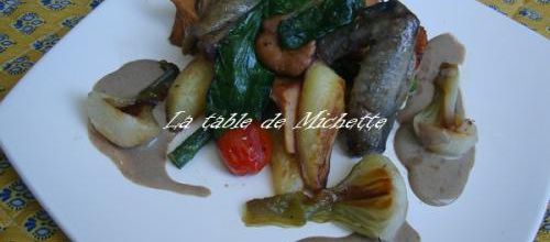 Pigeons, légumes, sauce veloutée aux abats