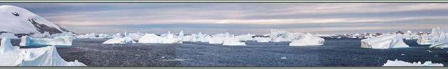 23 février, 8 h 30 du matin: paysage panoramique interactif 3D et musical sur Pleneau Bay et ses magnifiques icebergs - Péninsule Antarctique 