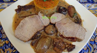 Rôti de veau, gâteau potiron, patate douce, jus aux cèpes et lard fumé