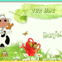 557 - carte 1er mai, muguet, vache, humour, signature