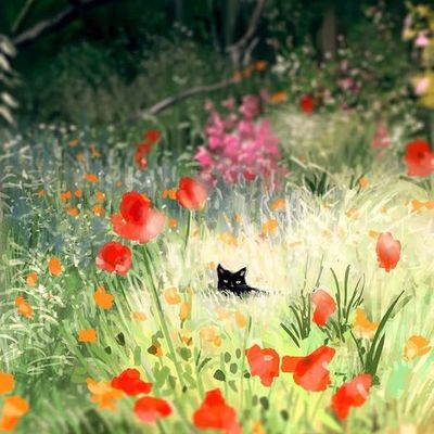 Tableau du samedi 269 : Un chat noir parmi les fleurs