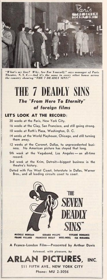 LES 7 PECHES CAPITAUX BOX OFFICE USA 1953