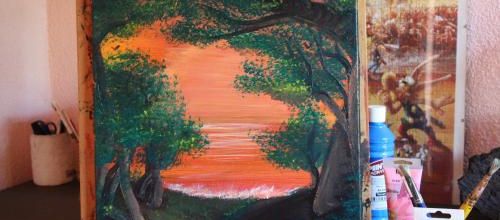 Peinture paysage au coucher de soleil