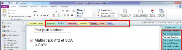 Agenda numérique des devoirs scolaires réalisé avec OneNote (année scolaire 2014-2015)