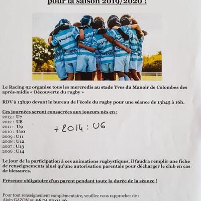 Mercredis découverte du rugby avec le Racing