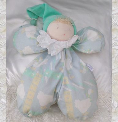 Doudou Poupée Chiffon Prénatal Vintage Bleu Jaune Motif Canard Blanc Bonnet Vert Grelot