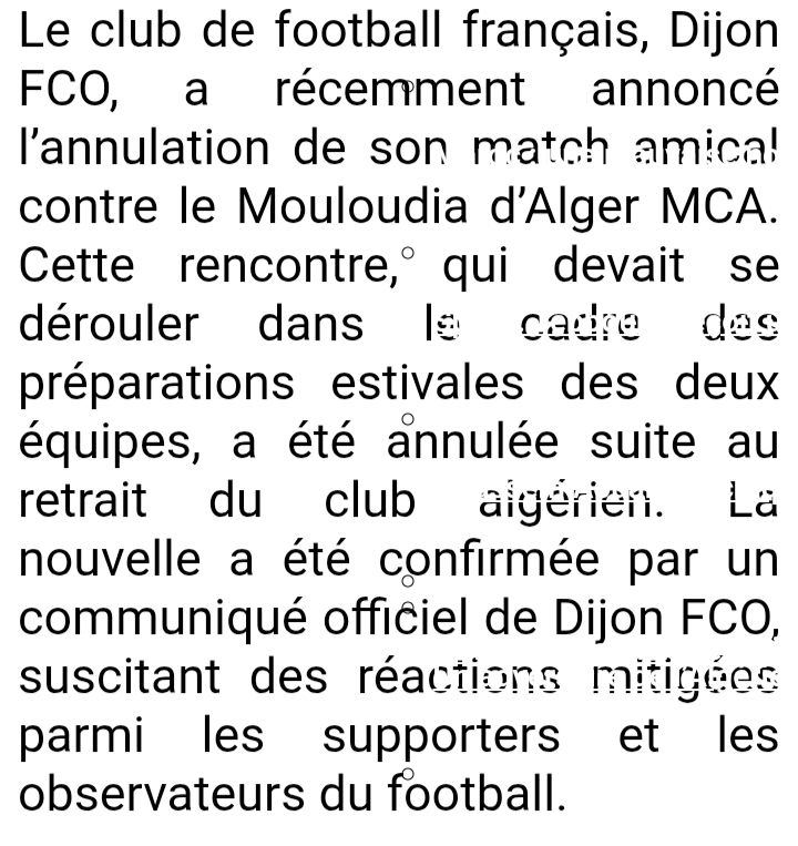 Vendredi 9 Août 2024 à Montargis Amical DFCO (Dijon Football Côte d'Or, National France)-MCA Annulé sur demande du Mouloudia