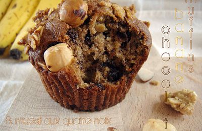 Participation au Muffin Monday #22 - Muffins énergétiques banane-chocolat-muesli aux 4 noix et farine bio aux 5 céréales !!