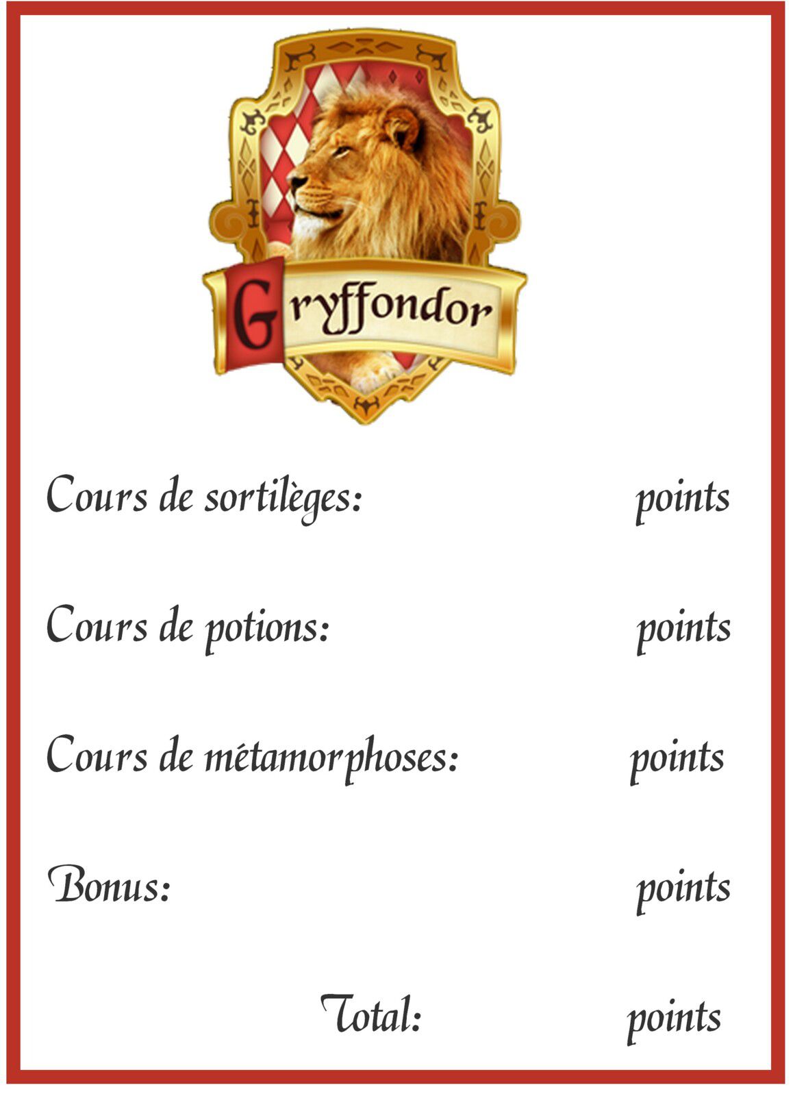 Décompte des points pour une activité lors d'un anniversaire Harry Potter