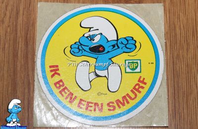 Autocollant rond publicitaire jaune Schtroumpf "Ik ben een smurf" BP